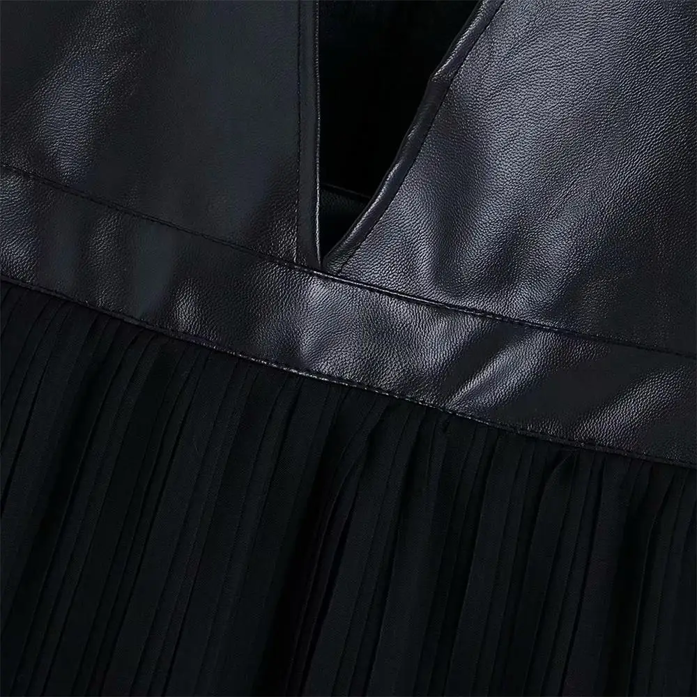 Новое плиссированное платье средней длины из искусственной кожи с v образным