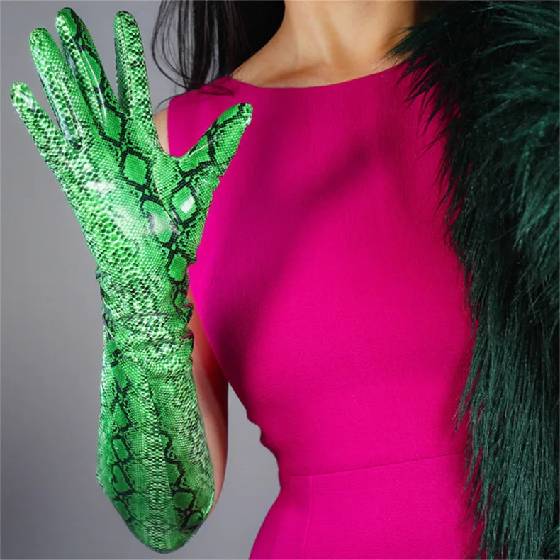 Snakeskin Short Gloves 21cm Patent Leather Emulation Leather PU Bright Leather Animal Python Green Snake pattern Female WPU105