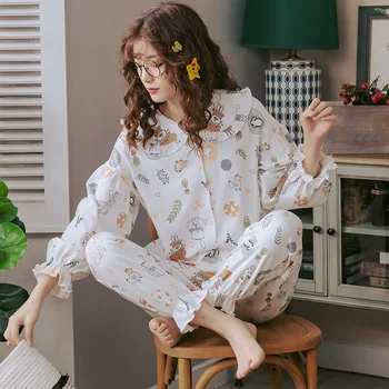 

Round Neck Cardigan 2 Piece Pajamas Set Autumn Women Sleepwear Full Cotton Long Sleeve Sleepwear White Cartoon Female Homewear