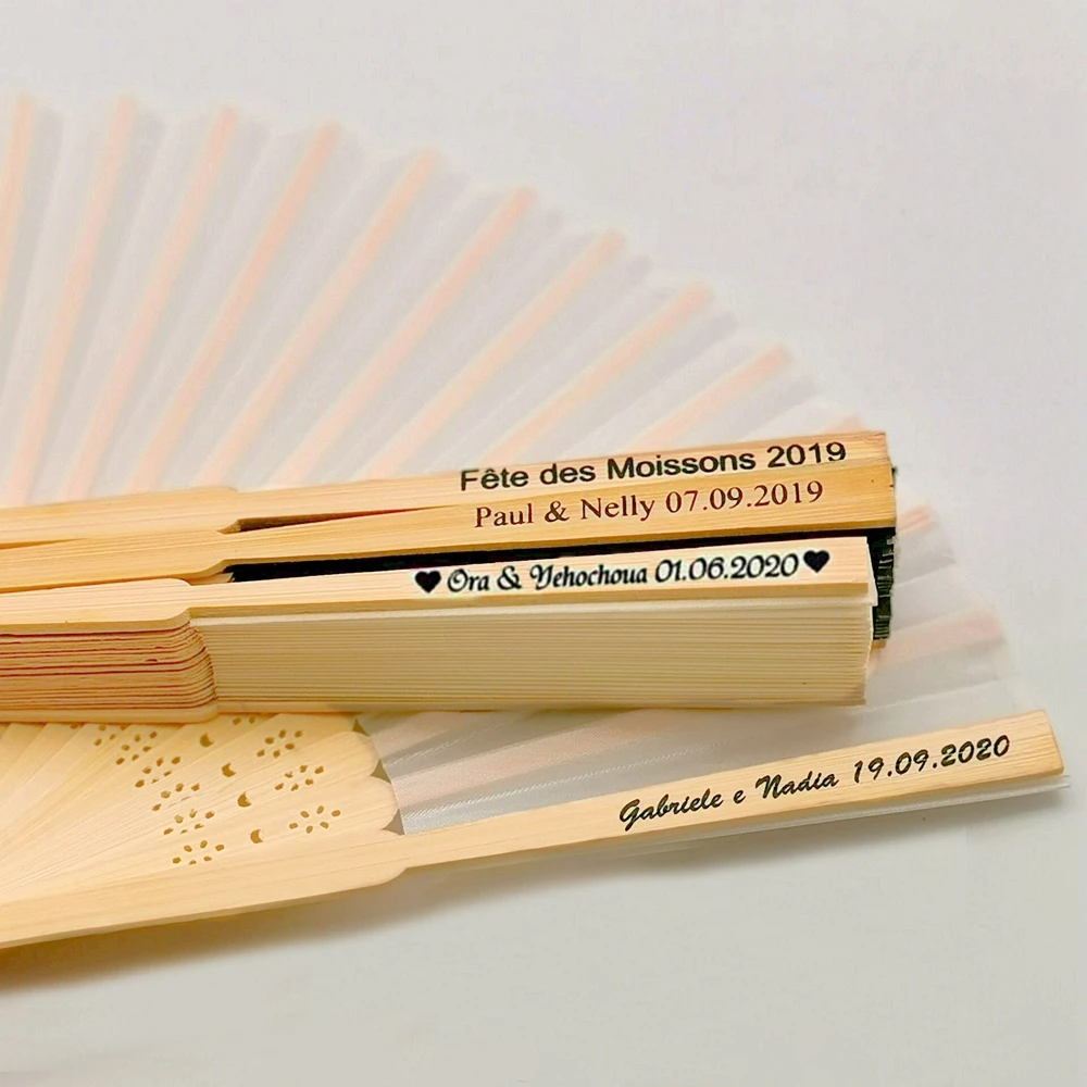 Abanico plegable de mano de seda grabado personalizado, abanico plegable Vintage, recuerdo de boda, 24 Uds.