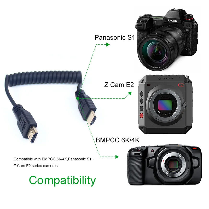 Online Lanparte alta velocidad Full HDMI 2,0 Cable en espiral para 4K 60P 8 Bit para BMPCC 6K 4K para Panasonic S1 accesorios de cámara para Atomos
