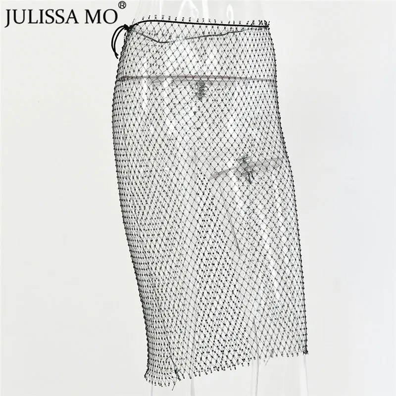 Julissa mo, ажурные Стразы, длинные юбки для женщин, алмазная прозрачная сетчатая юбка, модные, эластичные, пляжные, вечерние, юбка-карандаш
