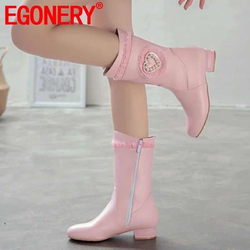 

EGONERY winter new sweet mid calf boots outside warm low heels round toe peral zip casual women shoes drop shipping size 32-43