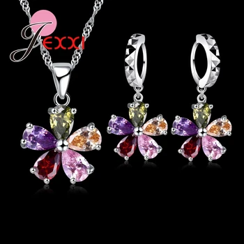 

Five Petaled Flowers Shinning Colorful CZ Crystal Pendant Jewelry Sets 925 Sterling Silver Necklace + Dangle/Hoop Earring Sets