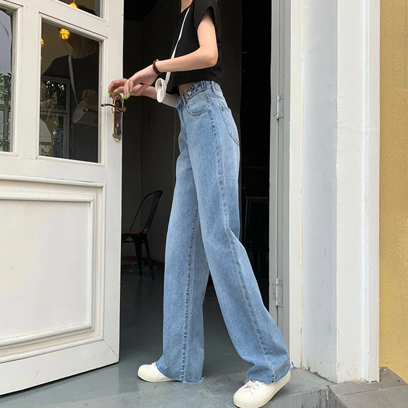 Женские весенне-осенние модные брендовые винтажные свободные джинсы в Корейском стиле с высокой талией женские широкие прямые брюки джинсы