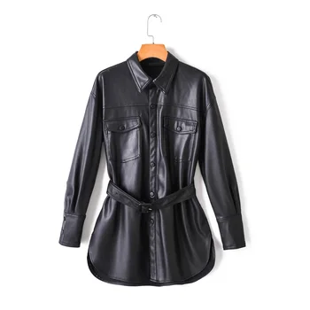 

2020 autumn and winter new women waist belt PU faux leather lapel atmospheric leather jacket