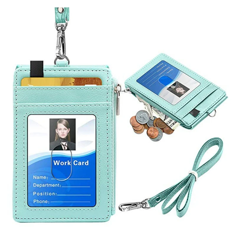 Office Unisex PU Leather ID Badge Card Holder Wallet with 5 Card Slots 1 Side RFID Blocking Pocket with Neck Lanyard Strap leather wallet wallet card holder card holder credit card holder credit card wallet business card holder