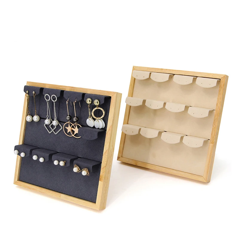 

High Quality Raw wood Microfiber Jewelry Earring Display Stand For Woman Ear Stud Holder Rack Storage Tray