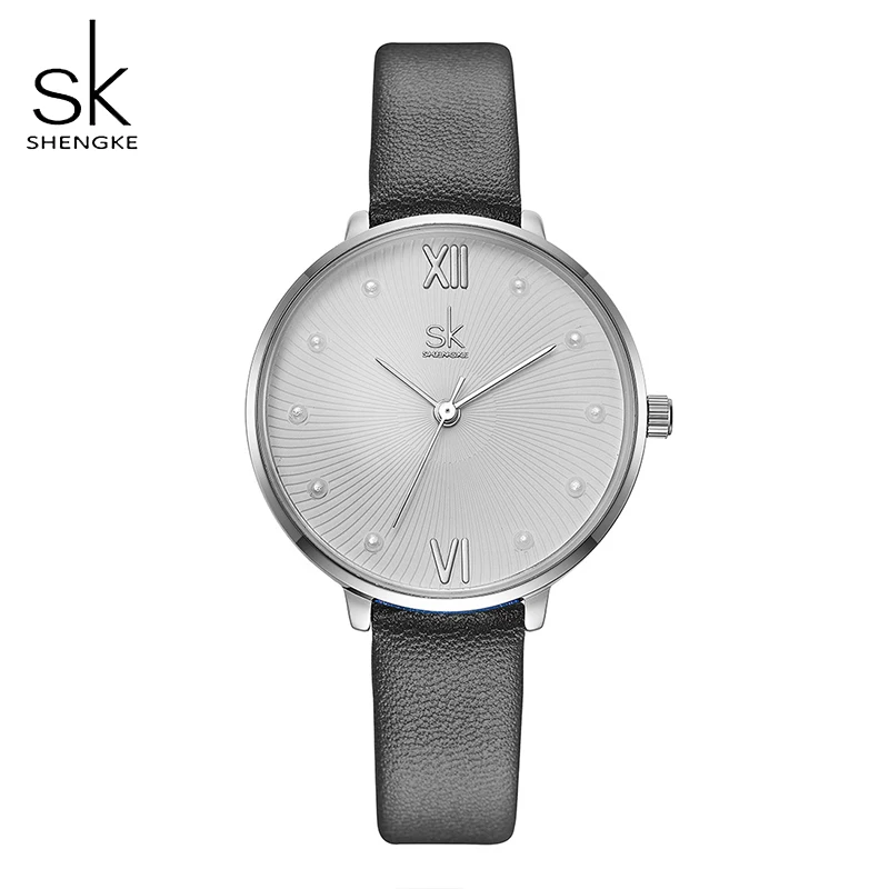 

SHENGKE 2022 Creative Pearl Dial Top Luxury Brand Fashion Quartz Waterproof Wristwatch Elegant Style Leather Ladies Wristwatche