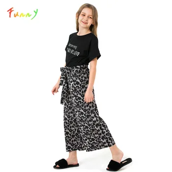 

Summer Girls Clothes Set 8 10 12 Years Black Tops Leopard Print Chiffon Pants Toddler Girl Outfit Fashion Children's Costume