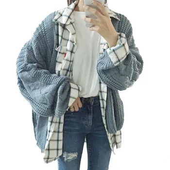 

Cardigan Women Large Size Solid V-neck plus size feminino Vintage black Cardigan Long Sleeve Coat Pockets Outerwear