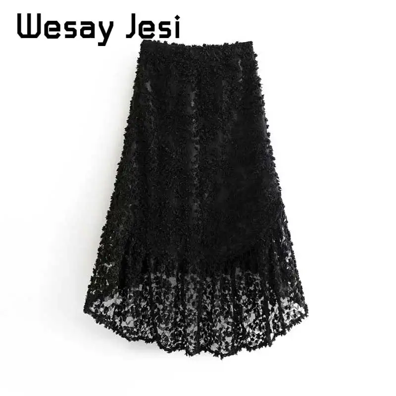 Women A-line lace embroidery women skirt Casual streetwear autumn female long skirt Party club ladies maxi black skirts