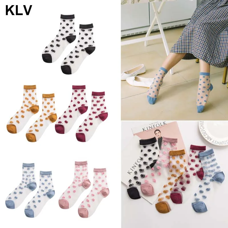 

Women Girls Retro Large Polka Dot Ankle Socks Summer Sheer Glass Fiber Splicing Sweet Candy Color Harajuku Short Tube Hosier