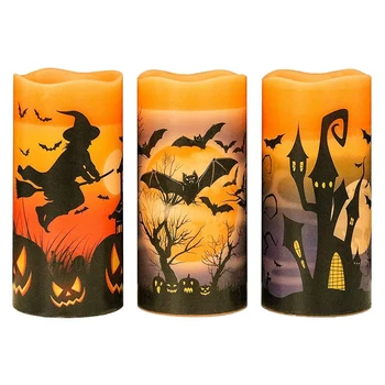 

Halloween Flickering Flameless LED Candles with 6 Hour Timer, Battery Operated,Bats,Castle,Witch Decal,3 Pack(3X6 Inch)