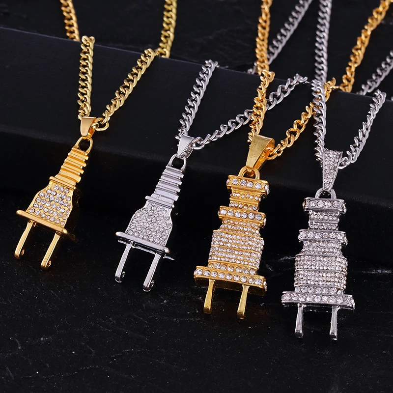 ZRM ювелирные изделия Bling Plug ожерелье, подвеска из золота цвет серебра талисман микро проложить Полный горный хрусталь хип хоп подвеска в виде вилки ожерелье