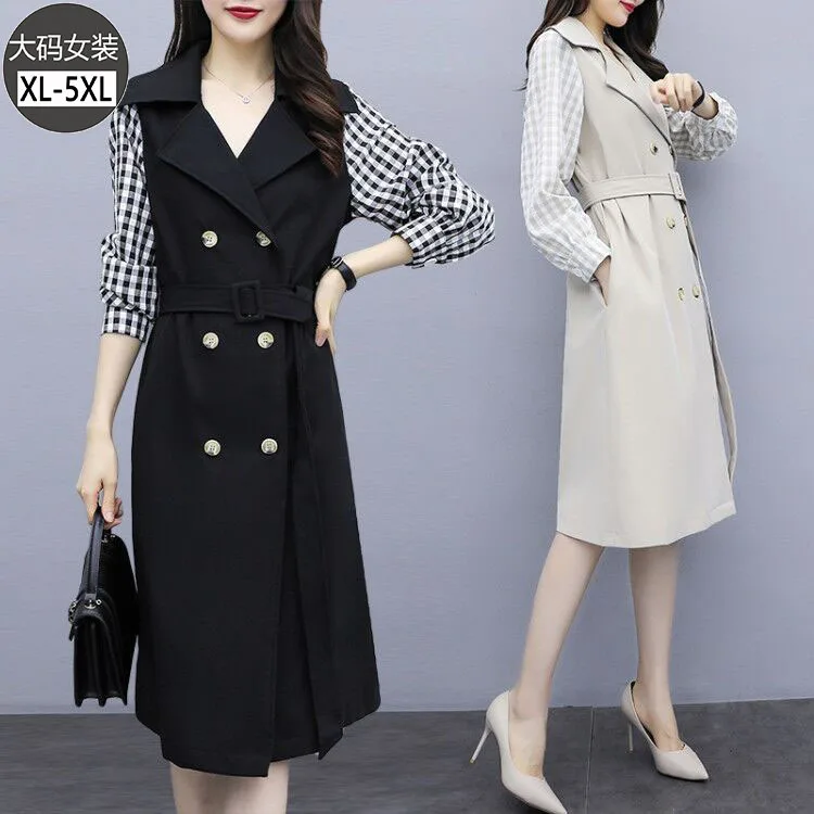 

2020 Spring And Autumn New Style Large Size Dress Plaid Stitching Large Lapel Fashion Mid-length Loose-Fit Slimming Trench Coat