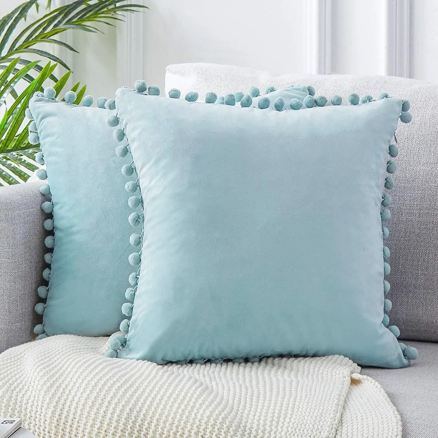 Velvet Decorative Cushion with Ball Home Decor Sofa Pillowcase  Pure Color Drop Ball Plush Car Home Office Throw Pillowcase 