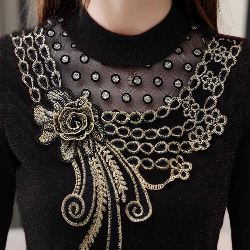 thin black Женские футболки из плотного флиса с кружевами, однотонные водолазки, прозрачные тонкие эластичные женские элегантные пуловеры, модная верхняя одежда, топы - Цвет: thin black