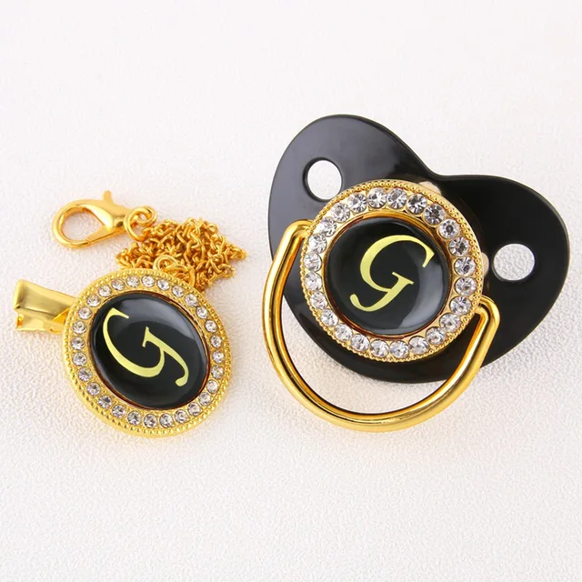 Luxury Black Bling Baby Pacifier And Clip Alphabet Letter M Infant Pacifier Gold Letter Unique 26 Name Initials Baby Shower Gift G