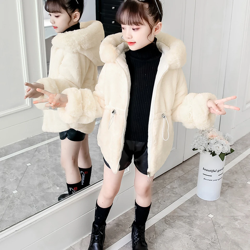 Kids Winter Coat for Girls Jacket Faux Fur Thick Warm Hooded Jacket Teenager Girls Outerwear Children Clothes 4-12 Year - Цвет: Бежевый