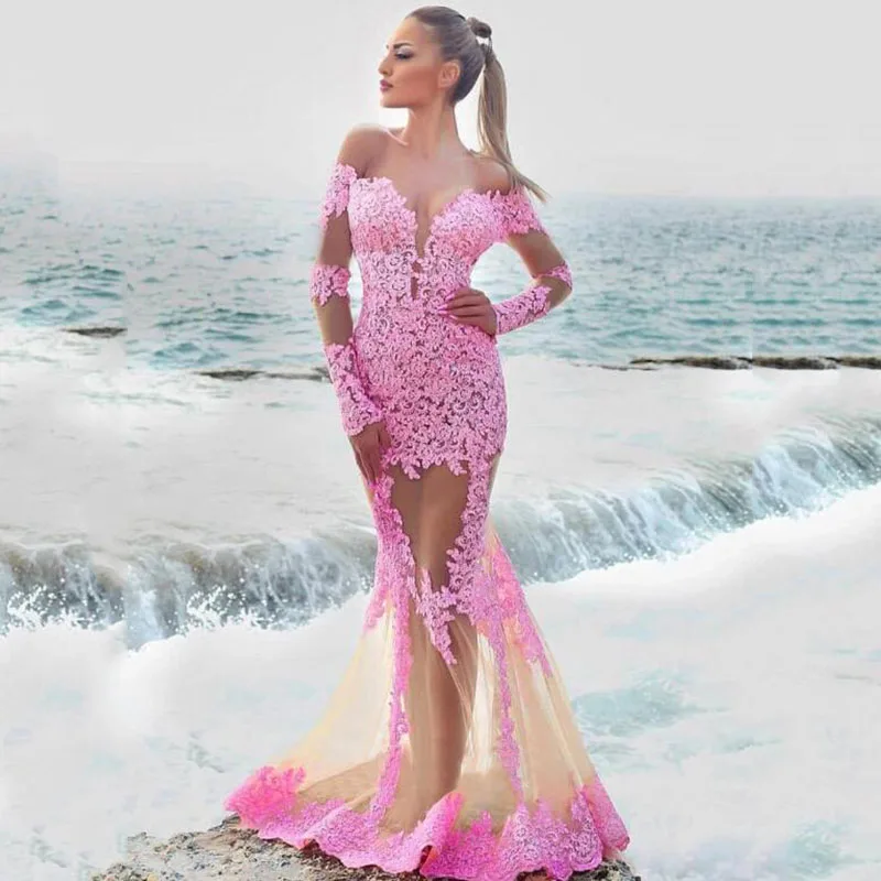 

Elegant V Neck Off the shoulder Long Mermaid Evening Dresses 2020 Custom Made With Lace Appliques Formal Evening Gowns mariage