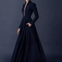 Темно-синее мусульманское вечернее платье трапециевидной формы с длинными рукавами, вышитое бисером, исламский Дубай, саудовская Арабская, длинное вечернее платье с глубоким v-образным вырезом