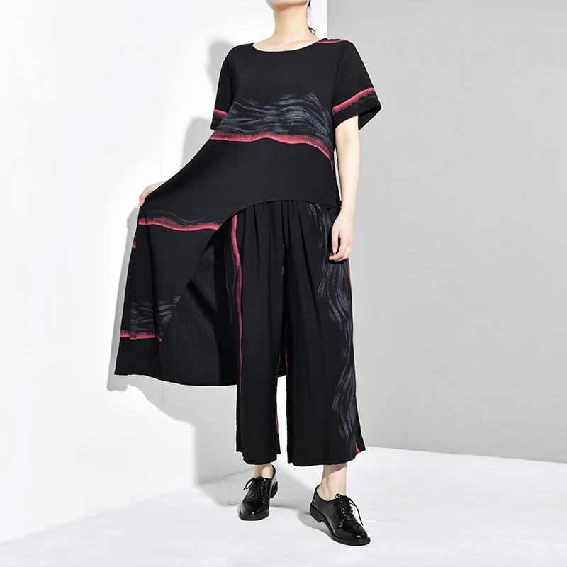 [EAM] Wide Leg Pants Striped Two Piece Suit New Round Neck Short Sleeve Black Loose Fit Women Fashion Spring Autumn 2020 JW5910