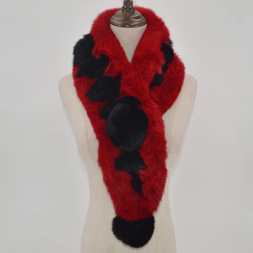 red and black Горячая Распродажа, зимний шарф из натурального кроличьего меха, женский шарф из натурального кроличьего меха, шарф с 2 шариками из натурального кроличьего меха, шейный платок - Цвет: red and black