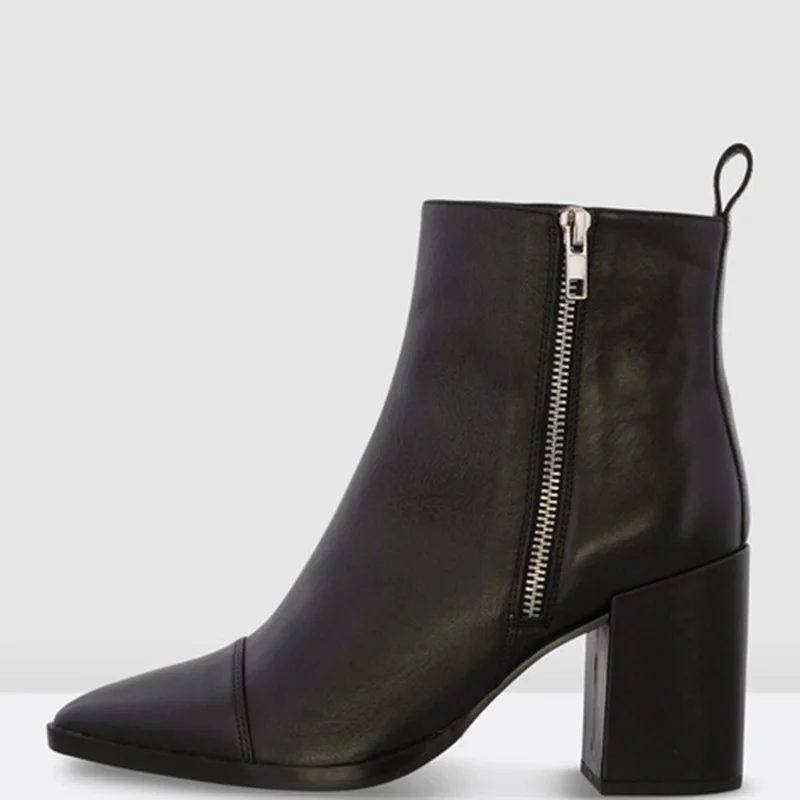 Black Cap Pointed Toe Ankle Boots Woman High Square Heels Zipper Large Size 30 35 Female Ladies Winter Casual Booties Shoes