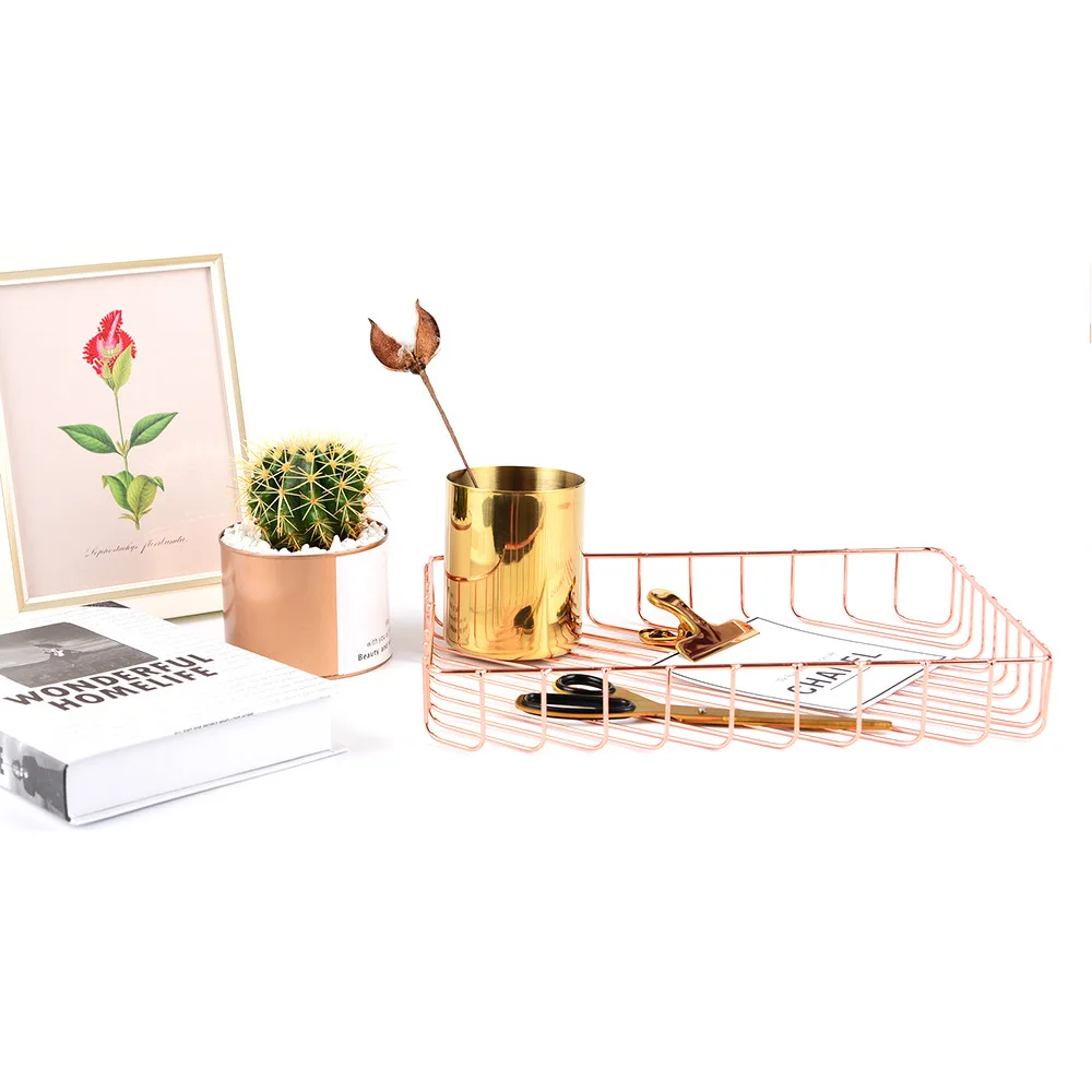 Nordic style Danish ins gold A4 storage basket Rose gold wrought iron storage basket Desktop fruit finishing