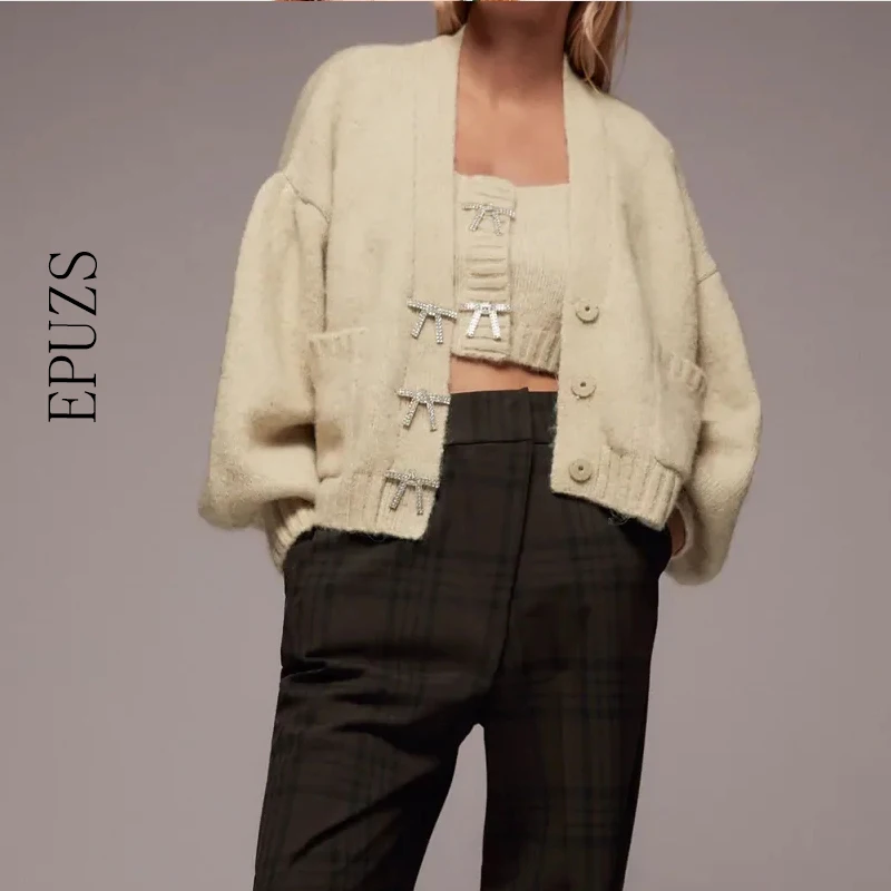 

Vintage V-Neck Pocket Knitted Sweater Fashion Slim Pull Sleeve Button Office Warm Cardigan Sweater Famale Clothing Chic Top