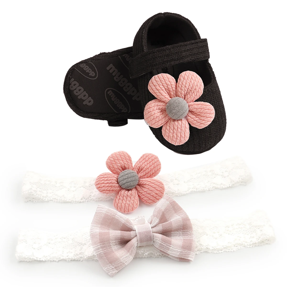 Spring 0-18M Baby Girl Baby Shoes+Bow+Floral Headband Set Big Flower Soft Sole Flats Infant Toddler