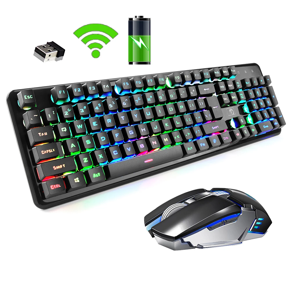 FELiCON 2.4G Wireless Keyboard Mouse Set Rainbow Backlight Usb Receiver Ergonomic Game Keyboard Rechargeable Keyboard Mouse
