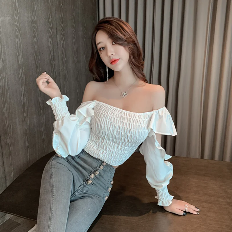 

Fashionable and sweet super fairy French design sense square neck strapless ruffled sexy waist slimming pleated top