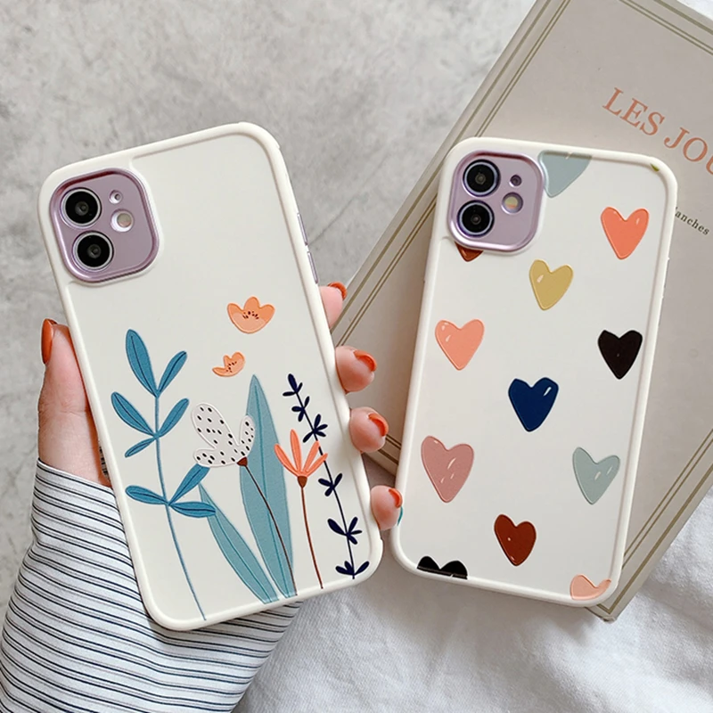 Funda de TPU suave teléfono móvil, carcasa con diseño de flores y corazones para iPhone 12, 11 Pro Max, 8, 7 Plus, X, XS, Max, XR, 14, 12 Pro|Fundas antigolpes para teléfono| - AliExpress
