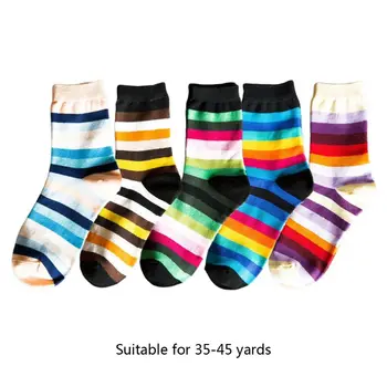 

5 Pairs Women Rainbow Horizontal Stripes Cotton Crew Socks Colorblock Hosiery AXYD