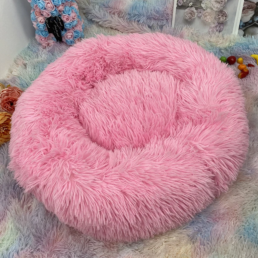 

Fluffy Calming Dog Bed Long Plush Donut Pet Bed Hondenmand Round Orthopedic Lounger Sleeping Bag Kennel Cat Puppy Sofa Bed House