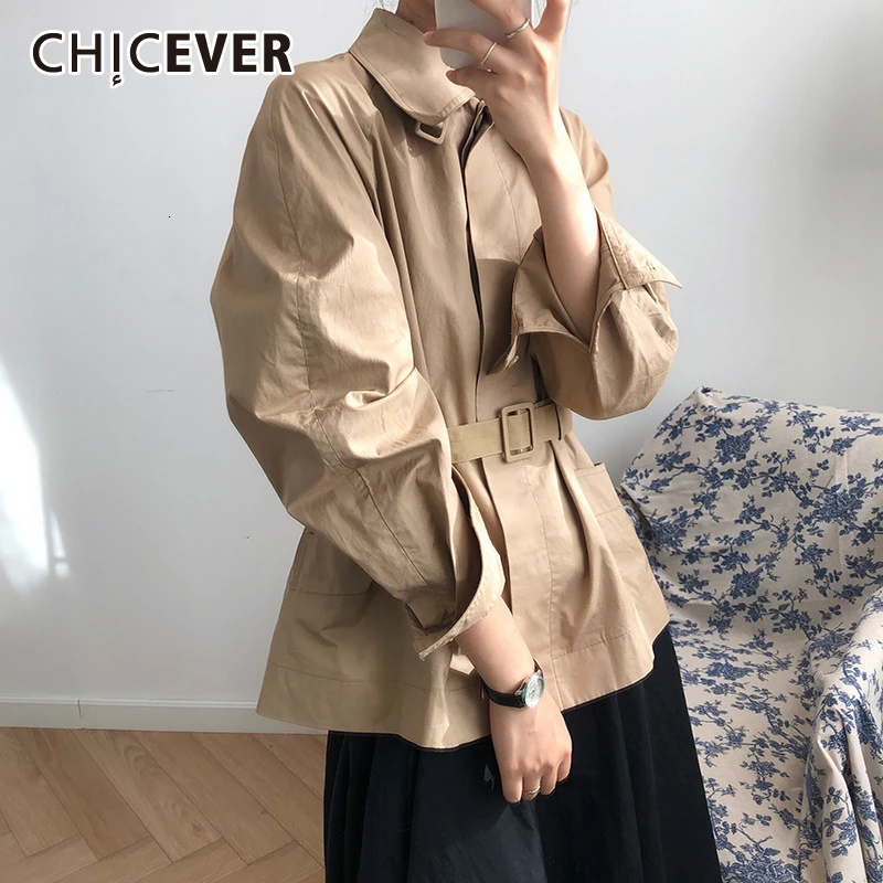 

CHICEVER Korean Khaki Women's Windbreaker Lapel Collar Long Sleeve High Waist Sashes Loose Casual Jackets Female 2019 Fashion