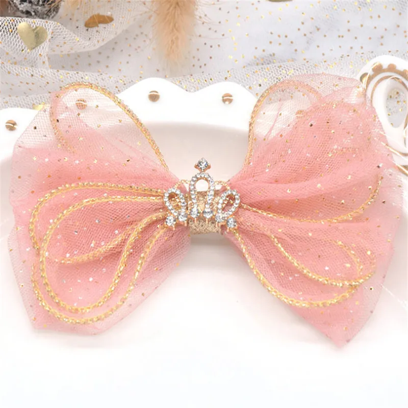han pink 10 шт./лот, милые сетчатые бантики, Хрустальная корона, аксессуары для волос, банданы, заколки для волос принцессы для девочек, заколки для волос с бантом - Цвет: han pink