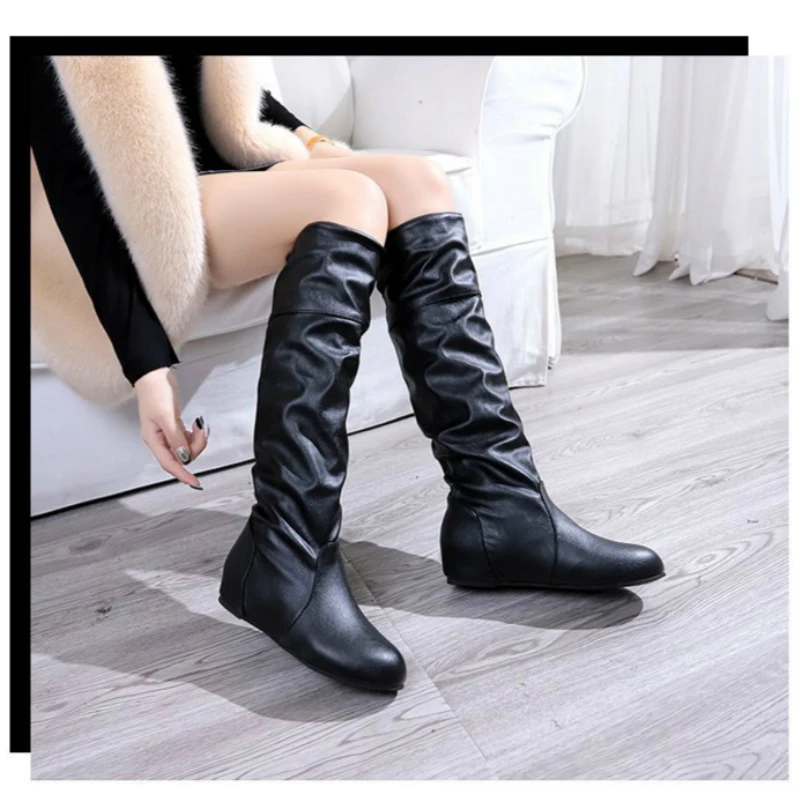Botas de media caña de cuero para mujer, botines largos informales con cuña  y punta redonda plisada, a la moda, color negro, Otoño e Invierno|Botas a  media pantorrilla| - AliExpress
