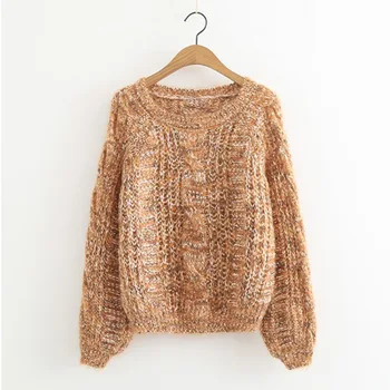 

5 Color Women's Sweater Puff Sleeve Sweater Women's Head Loose Student Sweater Autumn and Winter Color Twist Sweater