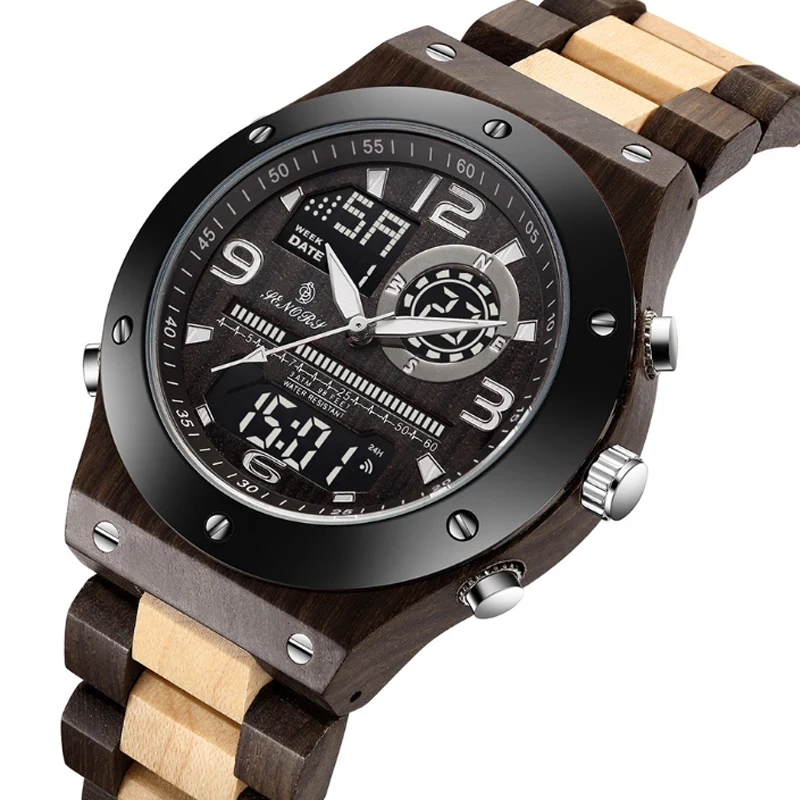 Men'sSandalwood Bamboo Double Display Quartz Watch Student Luminous Waterproof Sports Multifunctional Watch Men's Wood Watch