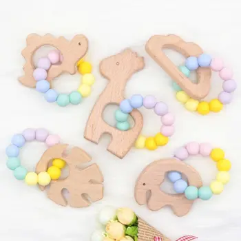 

Cartoon Animals Baby Teether Bracelet Kids Beech Wood Silicone Beads Molar Toys