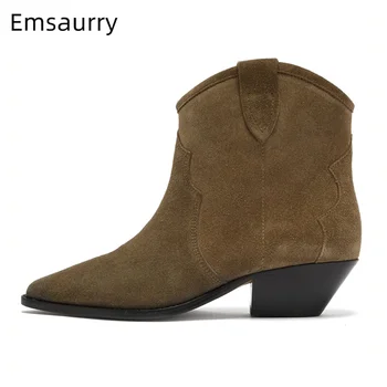 

Casual Suede Boots Women Point Toe Med Square Heel Party Shoes Comfy Big Size Slip On Botas 2020 Hot Sell Multy Colors Boots