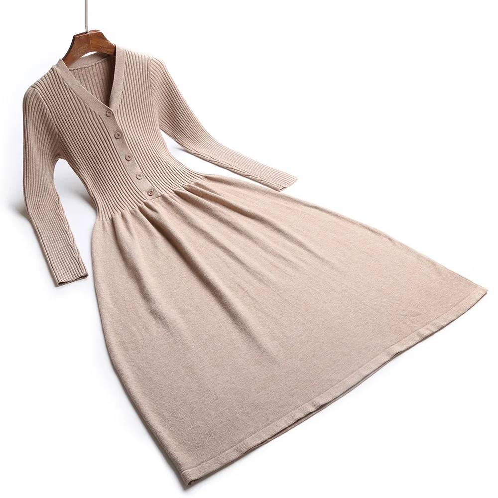

Woman elegant Autumn Winter sweater Dress Rib Women Big Swing Thick Dress Sweater Full Sleeve long A-Line button robe Knit Dress