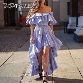 

TWOTWINSTYLE Elegant Striped Women Dress Slash Neck Lantern Sleeve High Waist Irregular Hem Patchwork Ruffles Dresses Female New