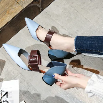 

2020 summer new pointed high heel color matching thick heel sandals ladies belt buckle versatile hollow women's shoes
