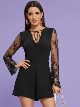 

Sexy Women V Neck Lace Floral Sleeve Bodycon Jumpsuit Slim Romper Short Pants Bodysuits