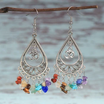 Women Natural Stone 7 Chakras Chip Gravel Earrings Metal Dorp Dangled Earring Hoop Yoge Healing Reiki OM Charm Hanging Jewelry