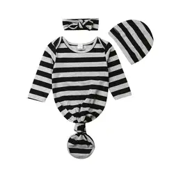 3 шт., хлопковое Пеленальное Одеяло для новорожденных девочек, комплект спальной сумки в полоску с шляпы-головные повязки